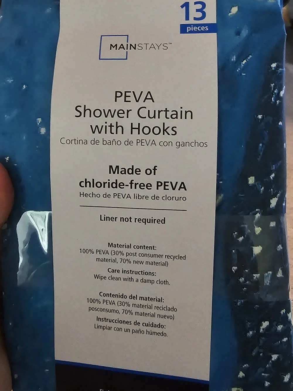 Mainstays Blue PEVA Shower Curtain Set with Hooks
